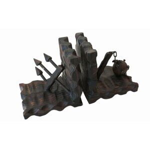 Medieval-Inspired Dark Wood Bookends With Spiked Ball & Arrow Accents